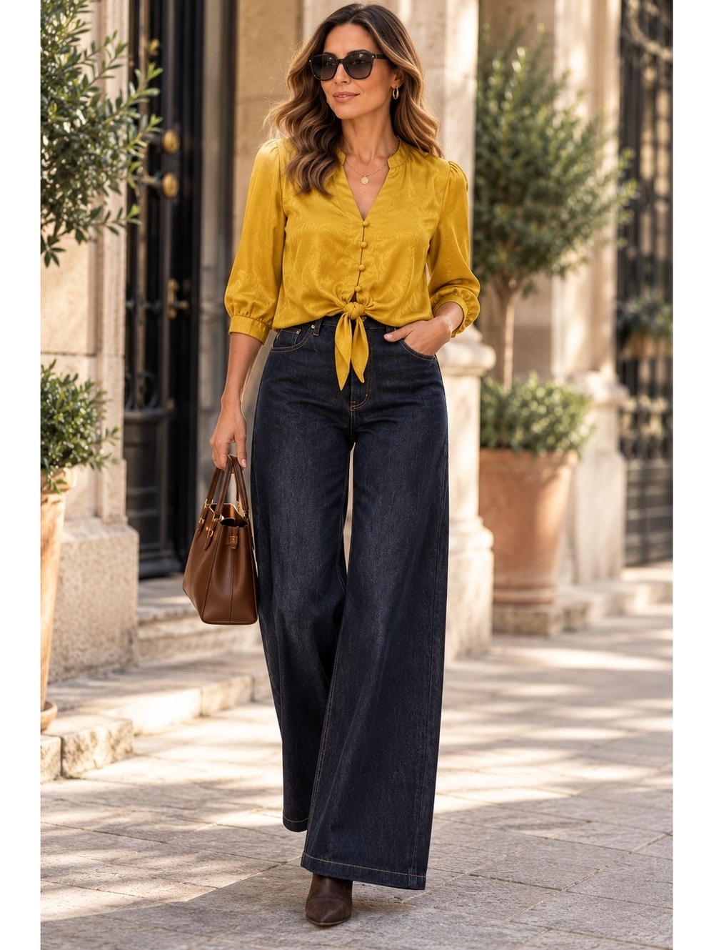 Elodie Mustard Yellow Satin Button-Up Blouse with Tie Front,